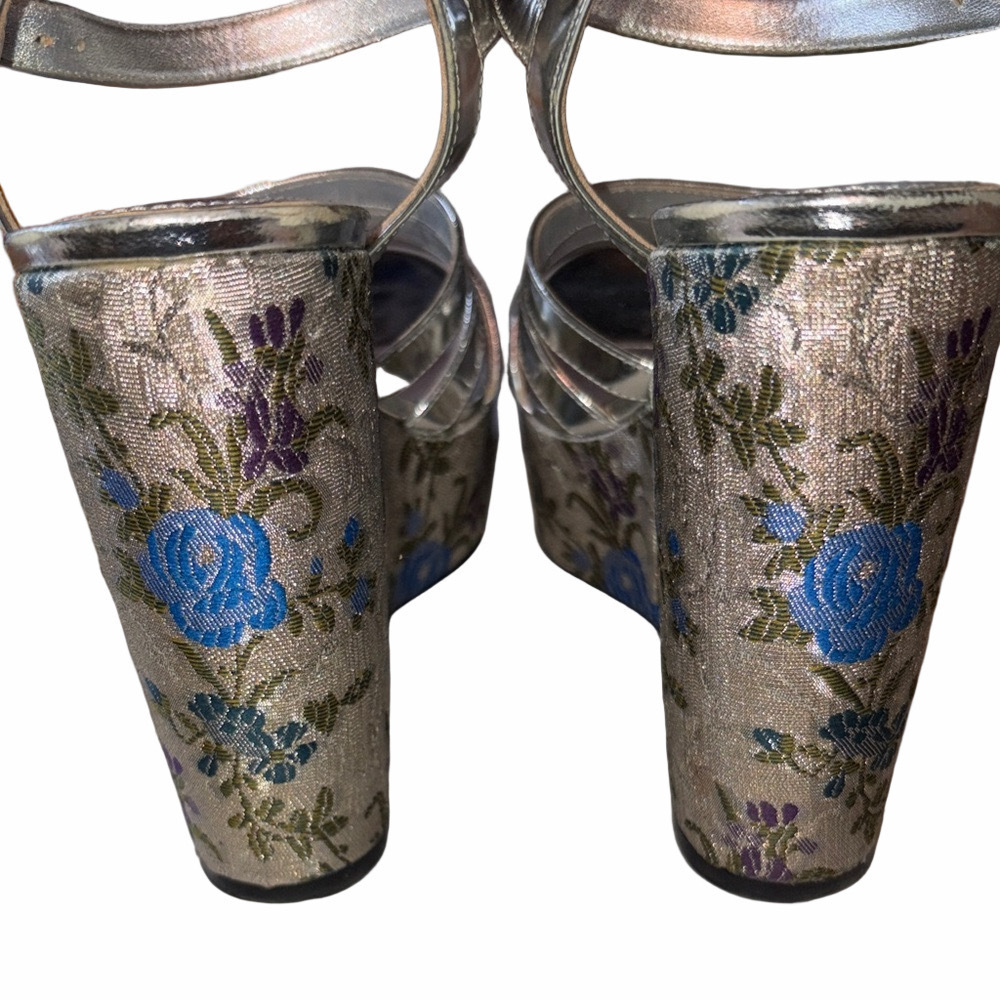 Prada Metallic Silver Jacquard Wedge Sandals | EUC | Sz 38 / 8US - Picture 3 of 7